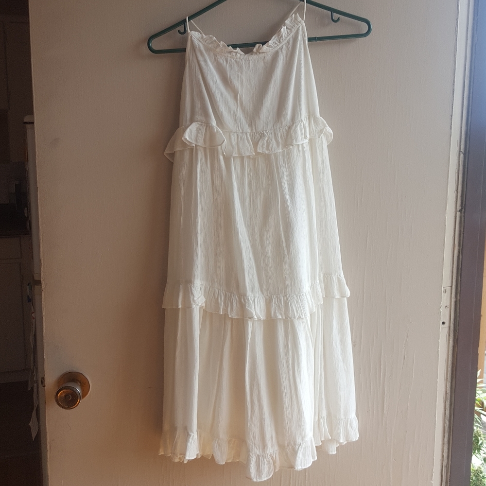 White high neck ruffle white trapeze swing dress